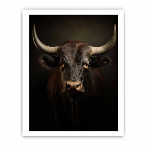 Moody bull portrait canvas art with horns for rustic living room or office decor.