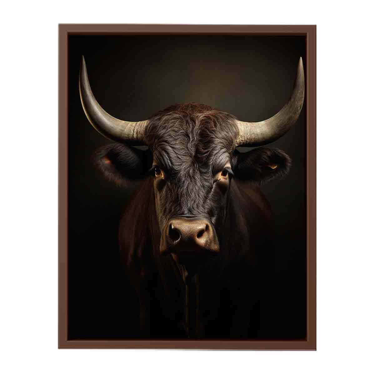 Moody bull portrait canvas art with horns for rustic living room or office decor.