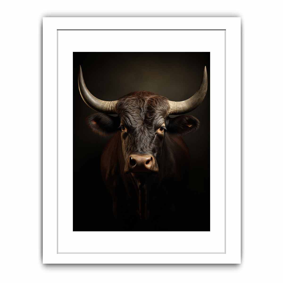 Moody bull portrait canvas art with horns for rustic living room or office decor.