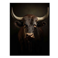Moody bull portrait canvas art with horns for rustic living room or office decor.