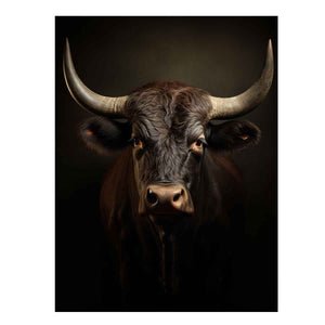 Moody bull portrait canvas art with horns for rustic living room or office decor.