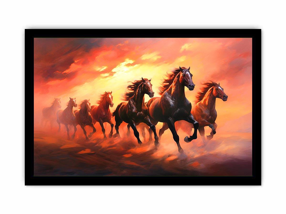 Seven running horses canvas art with fiery sunset for powerful office or living room decor.