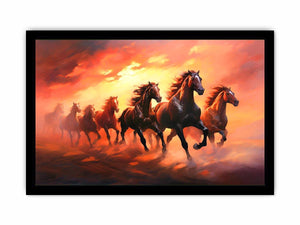 Seven running horses canvas art with fiery sunset for powerful office or living room decor.