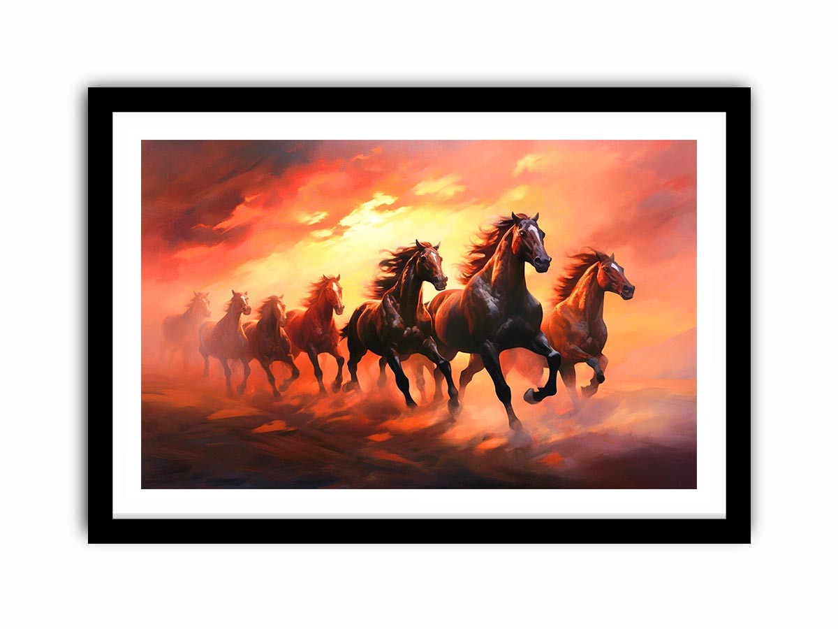 Seven running horses canvas art with fiery sunset for powerful office or living room decor.