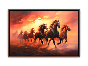 Seven running horses canvas art with fiery sunset for powerful office or living room decor.