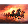 Seven running horses canvas art with fiery sunset for powerful office or living room decor.