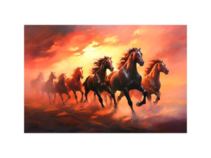 Seven running horses canvas art with fiery sunset for powerful office or living room decor.