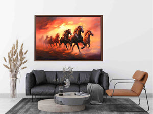 Seven running horses canvas art with fiery sunset for powerful office or living room decor.