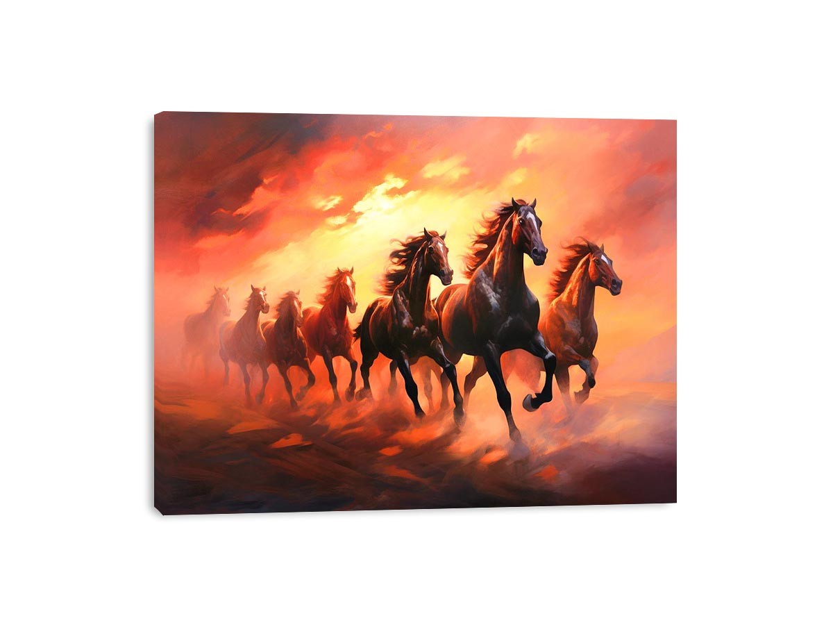 Seven running horses canvas art with fiery sunset for powerful office or living room decor.