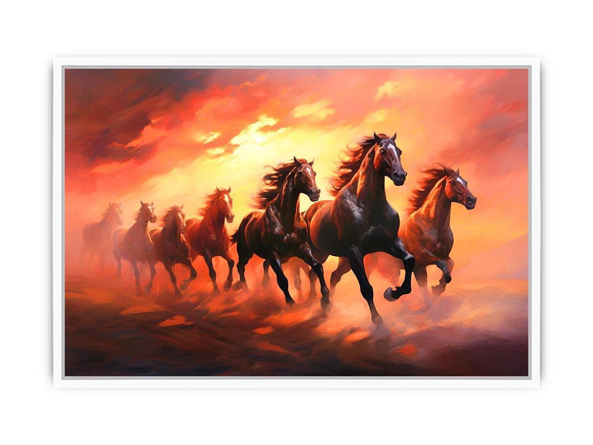Seven running horses canvas art with fiery sunset for powerful office or living room decor.