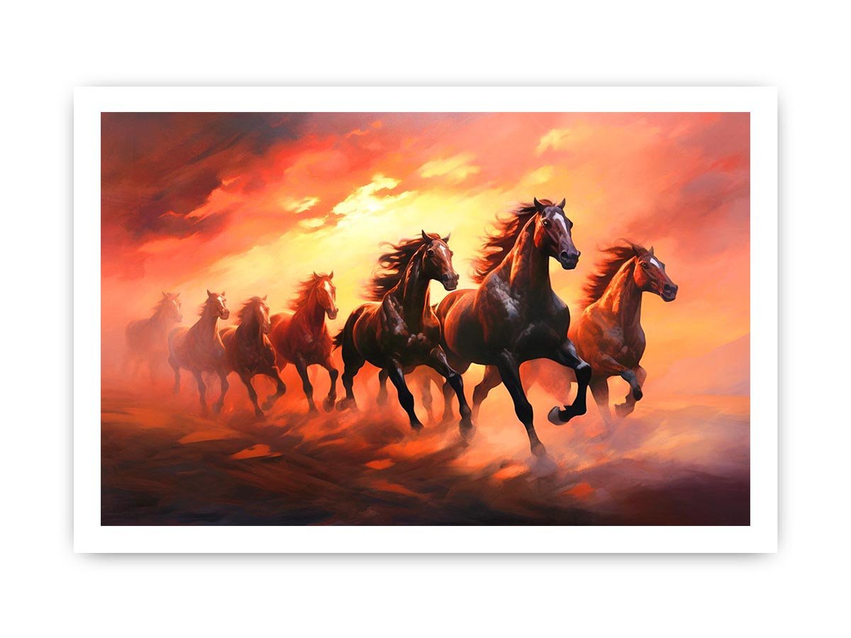 Seven running horses canvas art with fiery sunset for powerful office or living room decor.