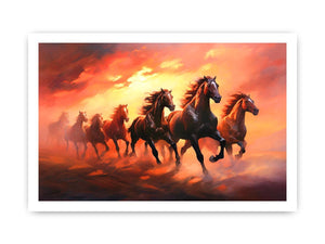 Seven running horses canvas art with fiery sunset for powerful office or living room decor.