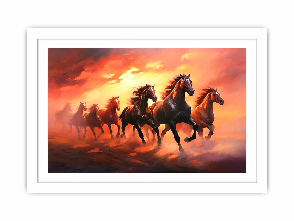 Seven running horses canvas art with fiery sunset for powerful office or living room decor.