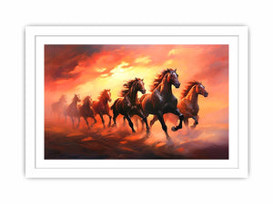 Seven running horses canvas art with fiery sunset for powerful office or living room decor.
