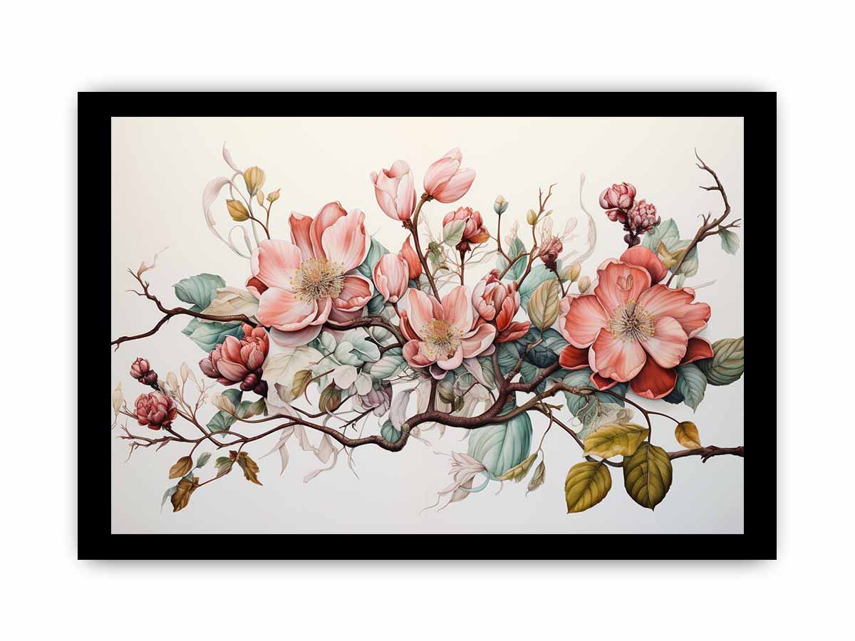 Soft blush botanical floral canvas art for elegant living room decor.