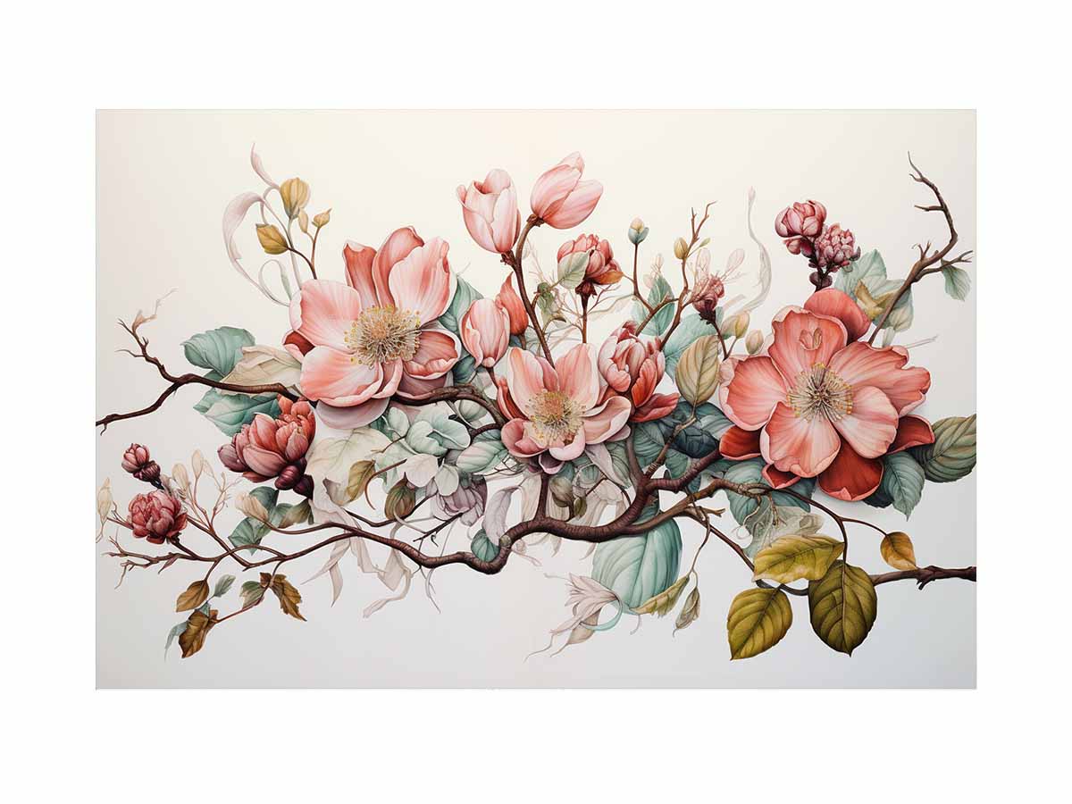 Soft blush botanical floral canvas art for elegant living room decor.