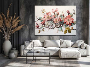 Soft blush botanical floral canvas art for elegant living room decor.