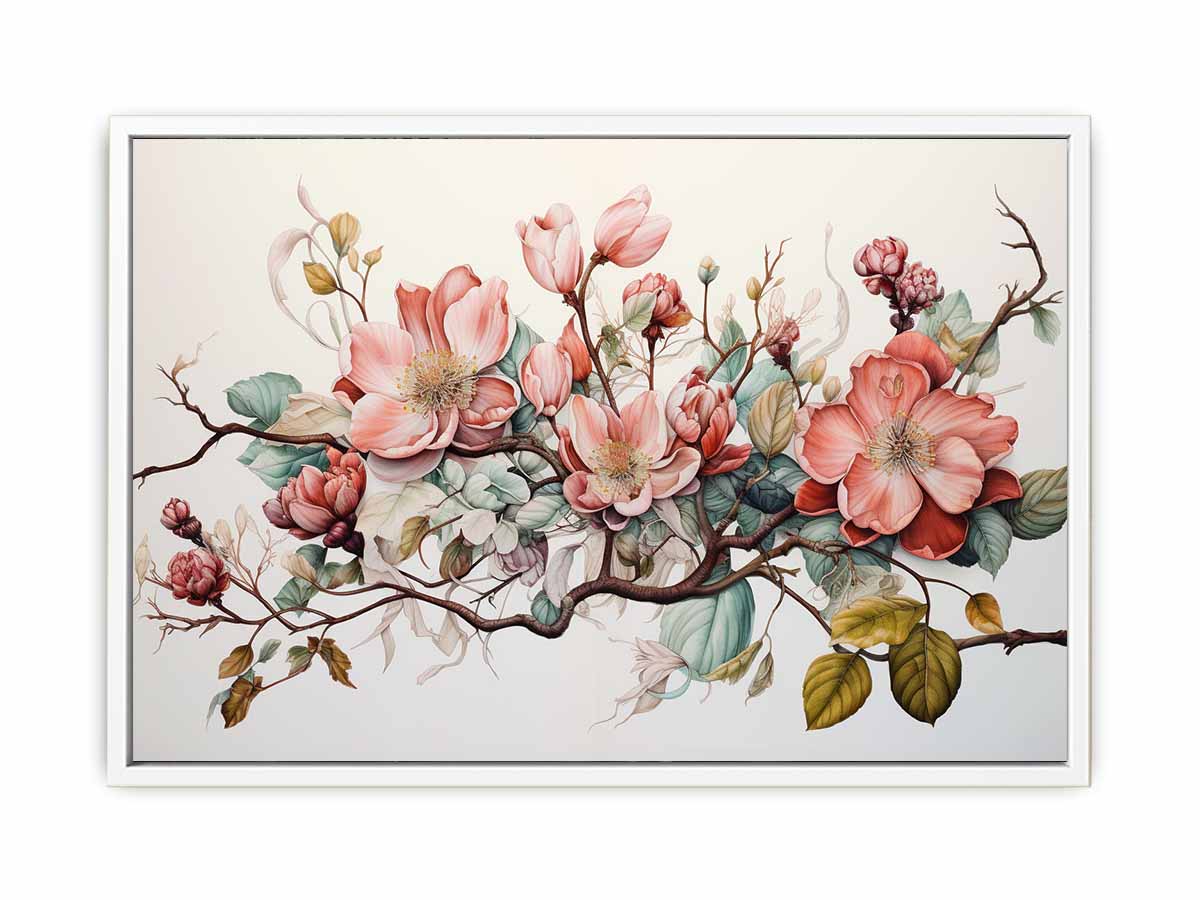 Soft blush botanical floral canvas art for elegant living room decor.