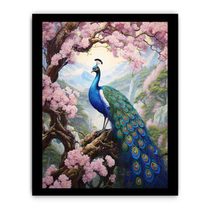 Vibrant peacock and pink blossom canvas art for elegant bedroom decor.
