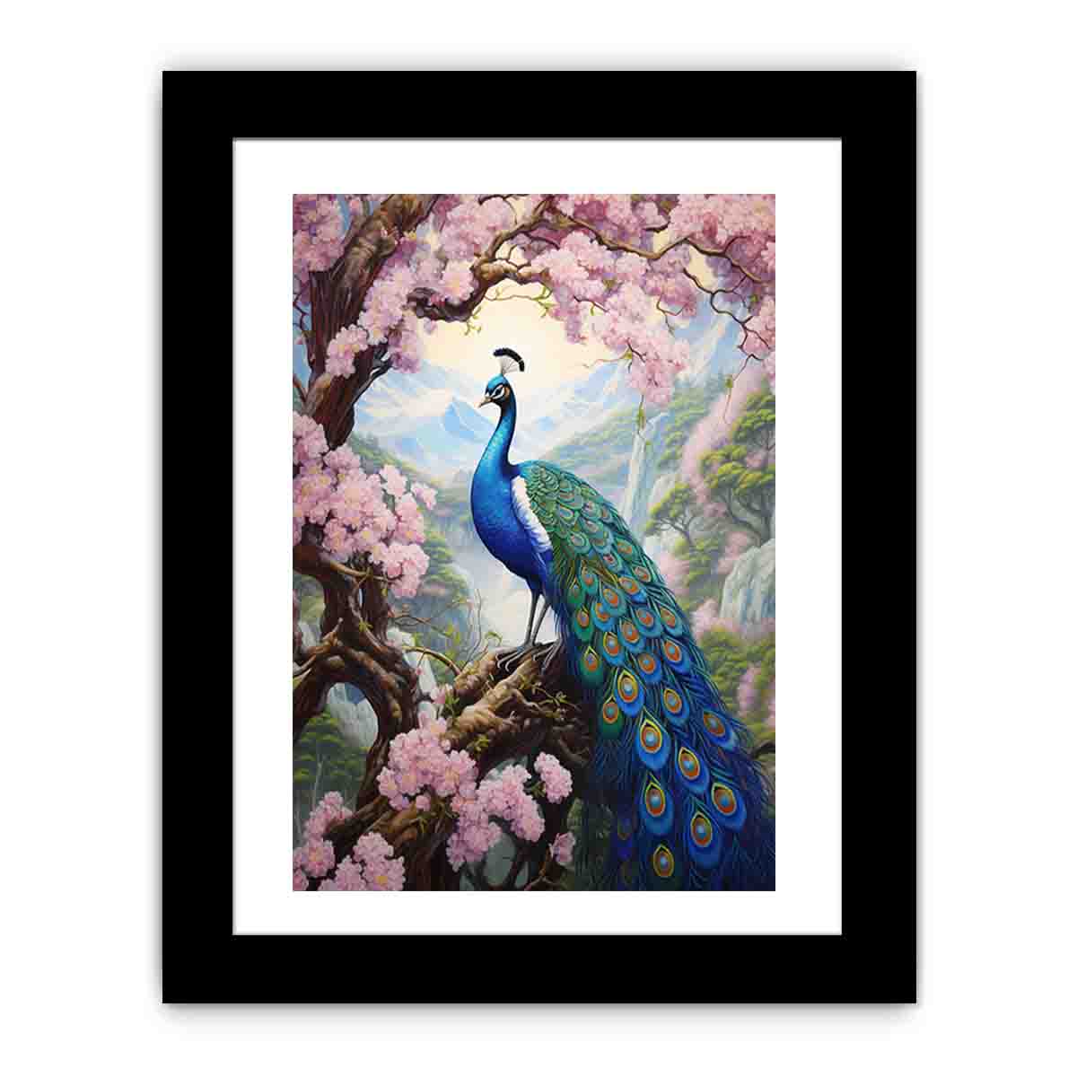 Vibrant peacock and pink blossom canvas art for elegant bedroom decor.