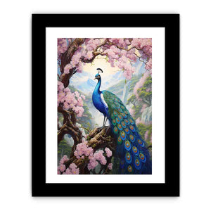 Vibrant peacock and pink blossom canvas art for elegant bedroom decor.