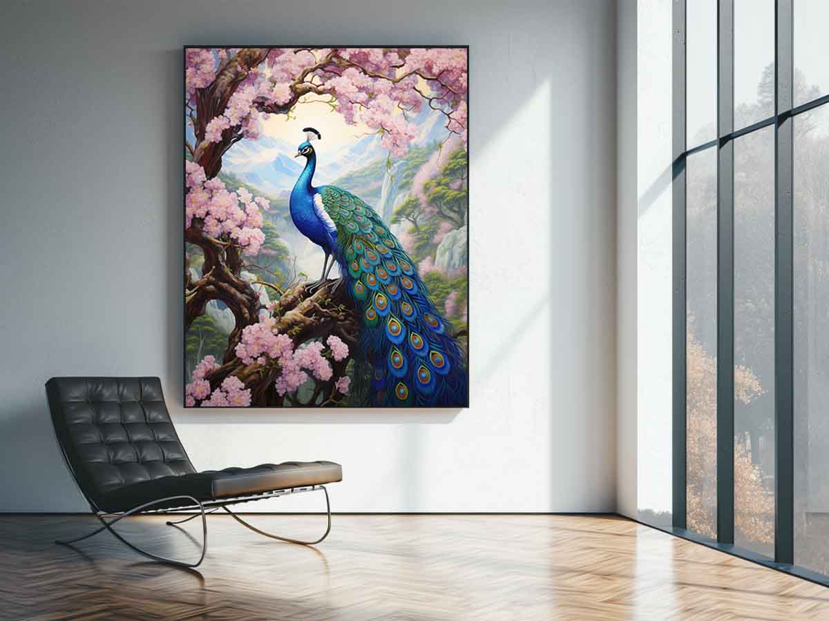 Vibrant peacock and pink blossom canvas art for elegant bedroom decor.