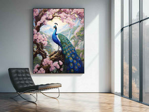 Vibrant peacock and pink blossom canvas art for elegant bedroom decor.