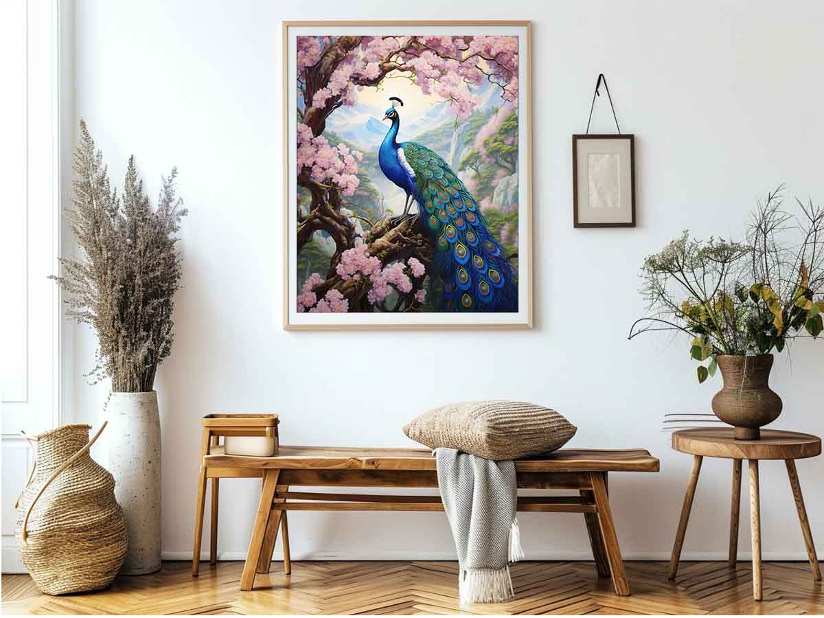 Vibrant peacock and pink blossom canvas art for elegant bedroom decor.