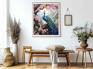 Vibrant peacock and pink blossom canvas art for elegant bedroom decor.
