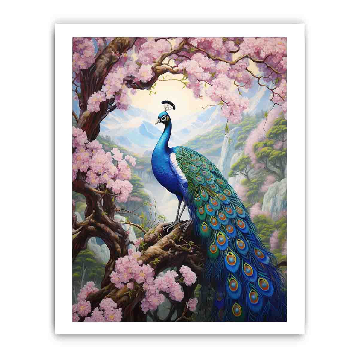Vibrant peacock and pink blossom canvas art for elegant bedroom decor.