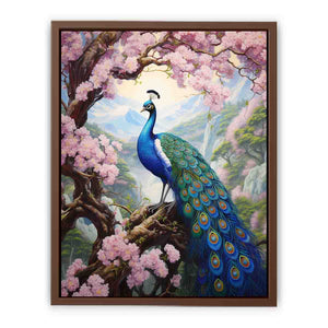 Vibrant peacock and pink blossom canvas art for elegant bedroom decor.