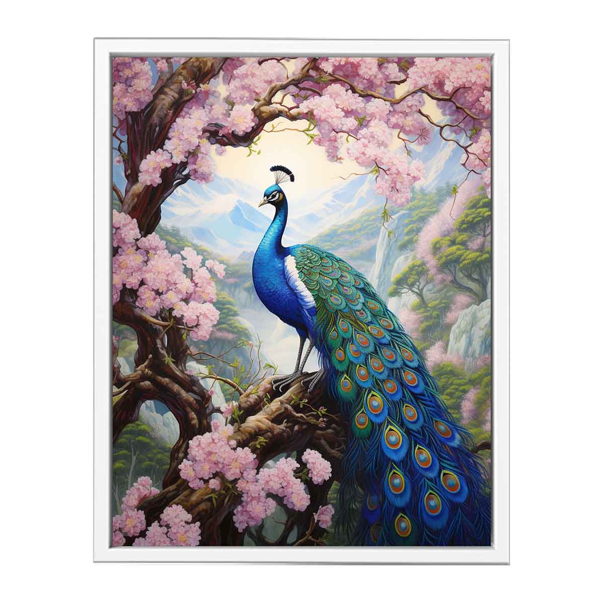 Vibrant peacock and pink blossom canvas art for elegant bedroom decor.