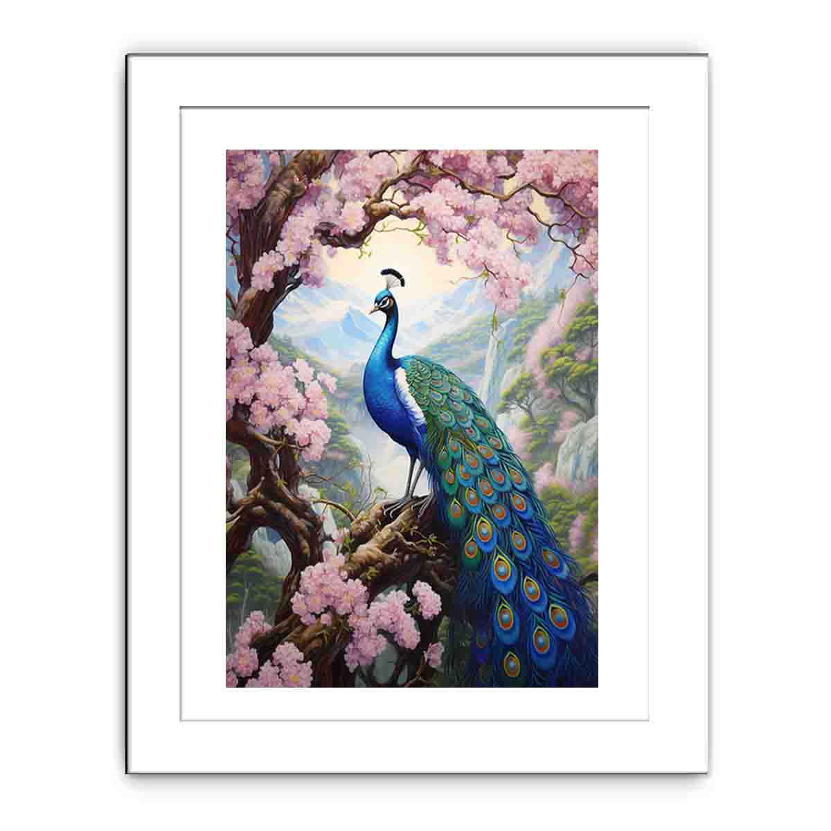 Vibrant peacock and pink blossom canvas art for elegant bedroom decor.