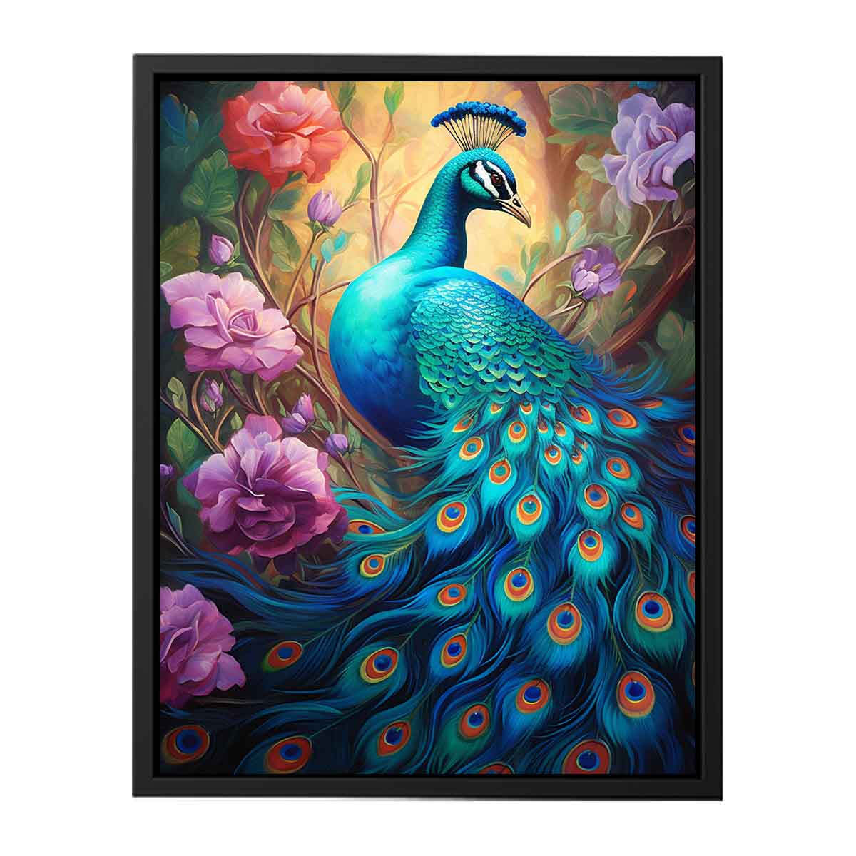 Bold teal peacock canvas art with roses for luxury living room decor.