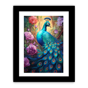 Bold teal peacock canvas art with roses for luxury living room decor.