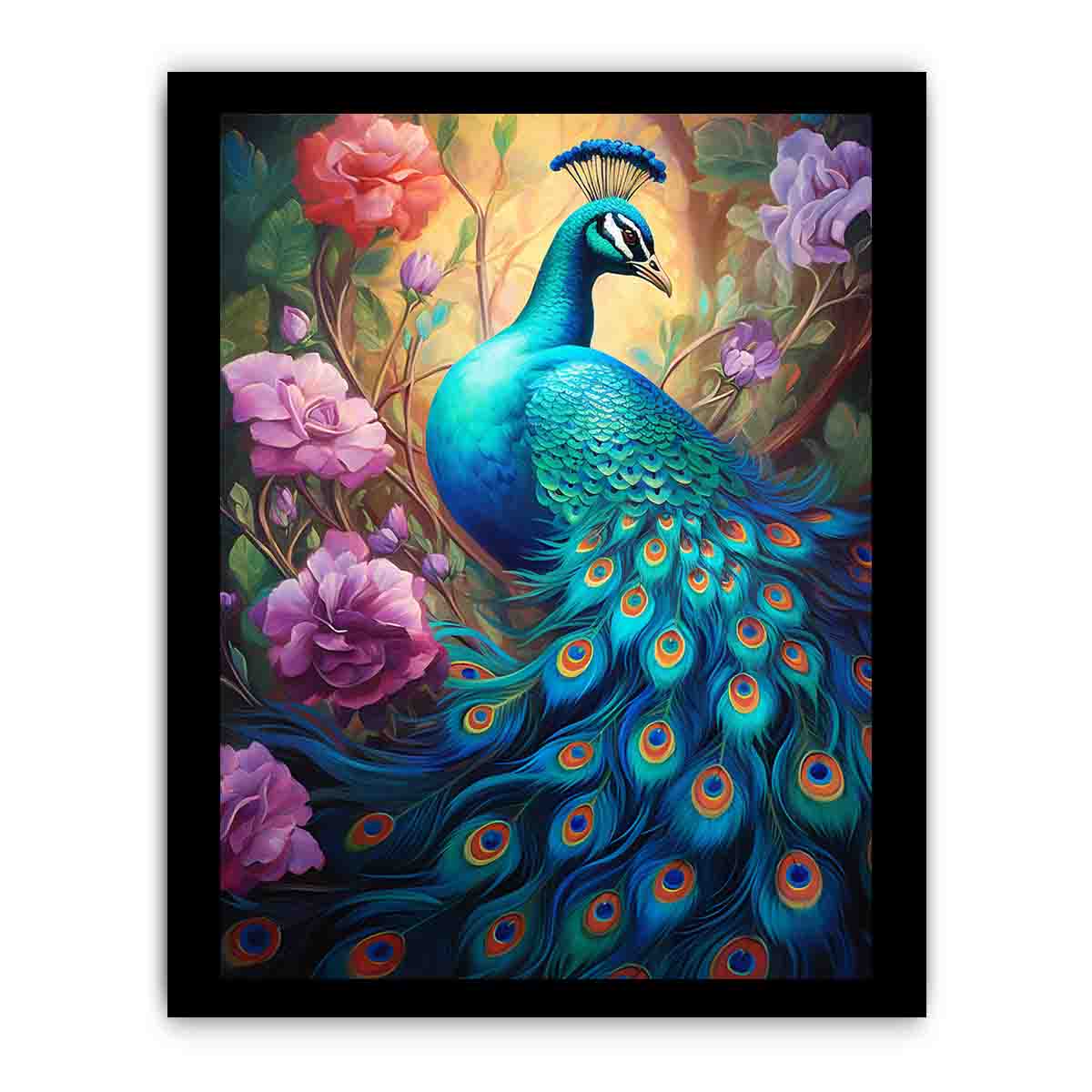 Bold teal peacock canvas art with roses for luxury living room decor.