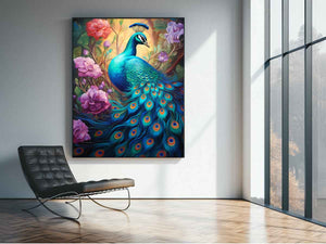 Bold teal peacock canvas art with roses for luxury living room decor.
