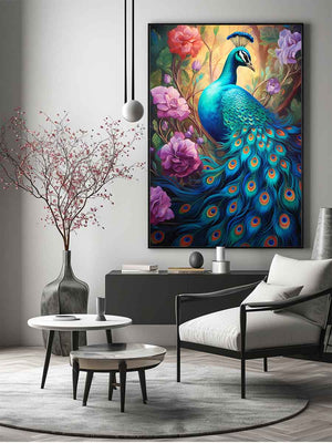 Bold teal peacock canvas art with roses for luxury living room decor.