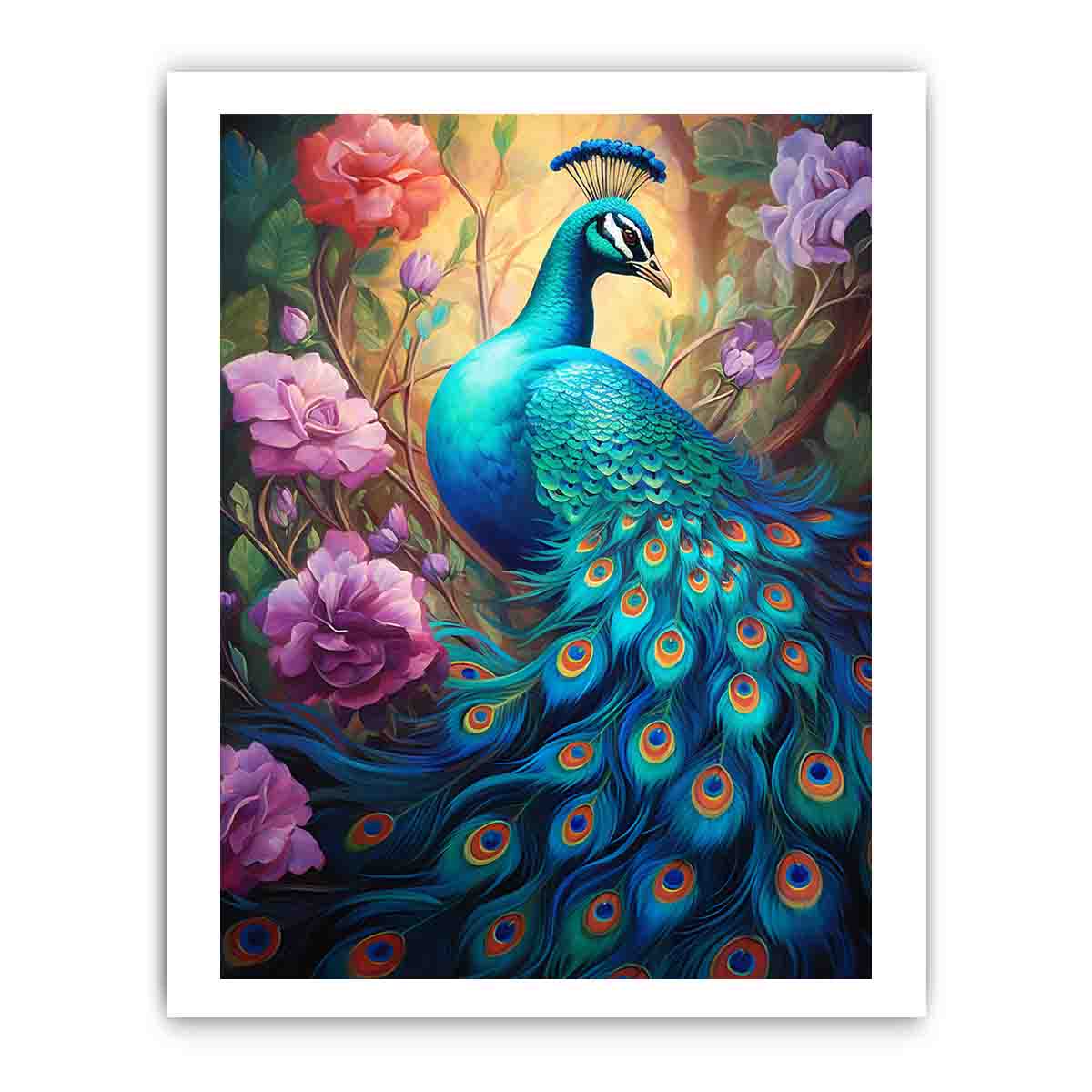 Bold teal peacock canvas art with roses for luxury living room decor.