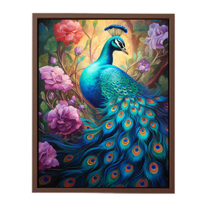 Bold teal peacock canvas art with roses for luxury living room decor.
