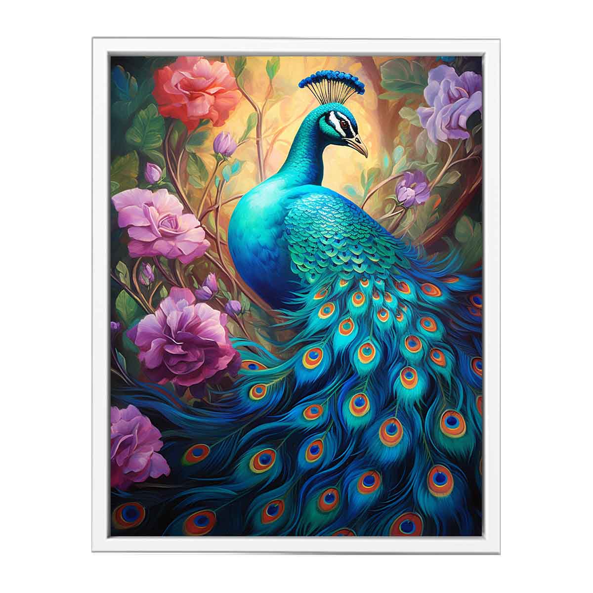 Bold teal peacock canvas art with roses for luxury living room decor.