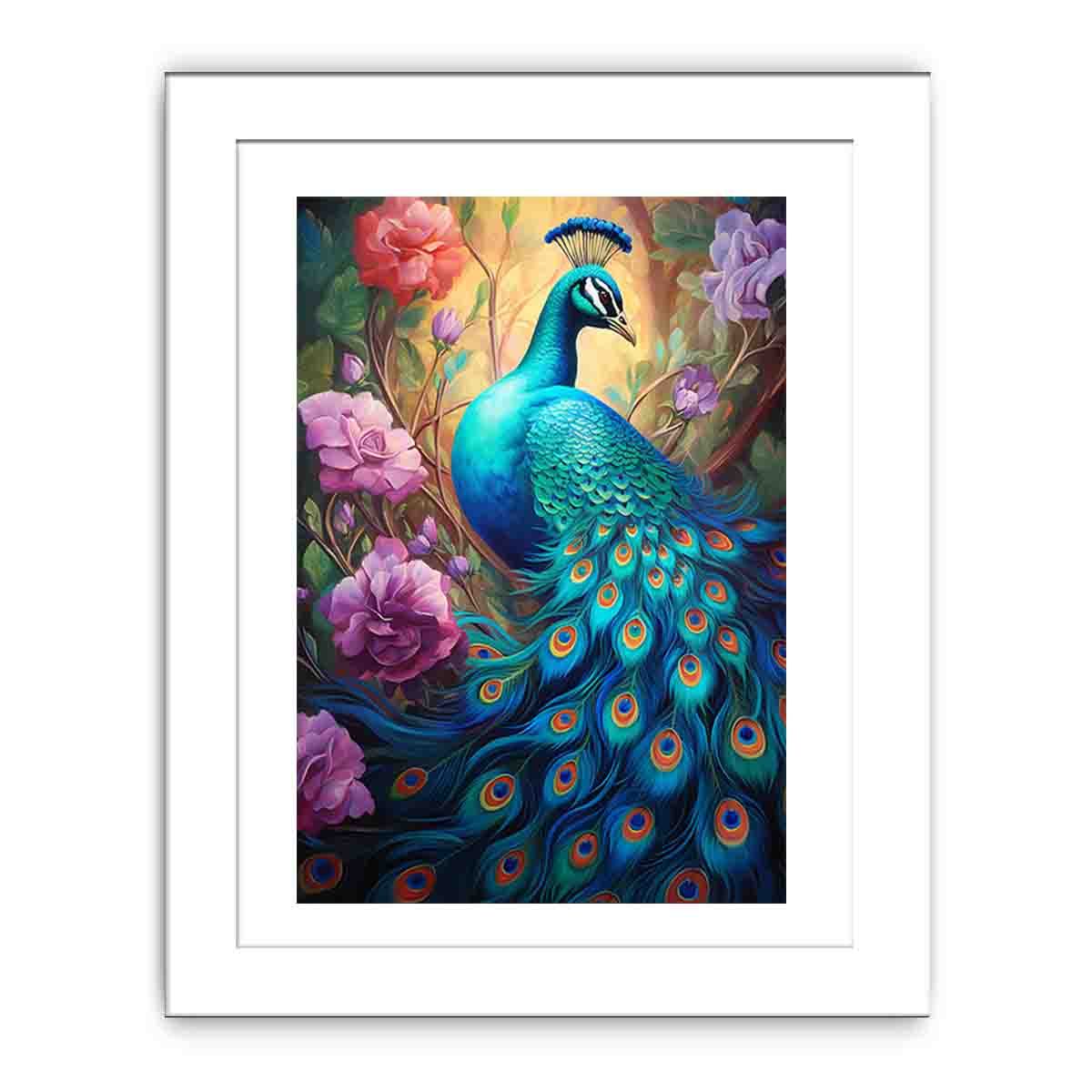 Bold teal peacock canvas art with roses for luxury living room decor.