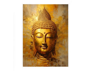 Textured golden Buddha head canvas art for serene modern home decor.