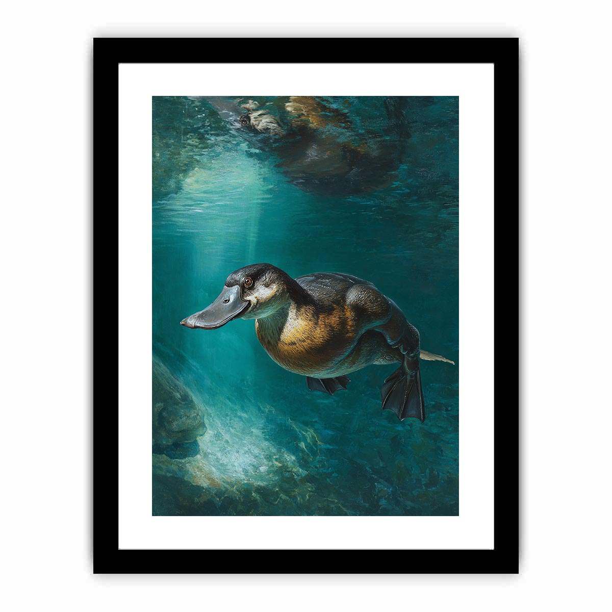 Platypus underwater canvas art in soft green tones for calm bedroom or bathroom decor.