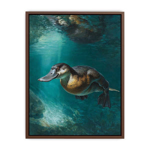 Platypus underwater canvas art in soft green tones for calm bedroom or bathroom decor.