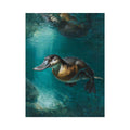 Platypus underwater canvas art in soft green tones for calm bedroom or bathroom decor.