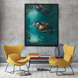 Platypus underwater canvas art in soft green tones for calm bedroom or bathroom decor.