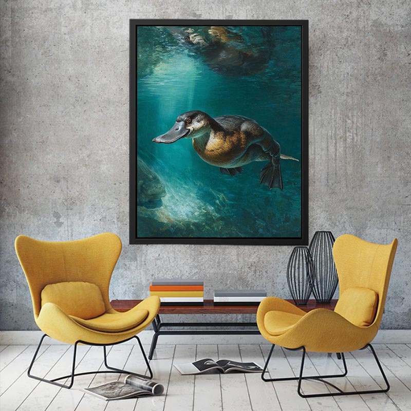 Platypus underwater canvas art in soft green tones for calm bedroom or bathroom decor.