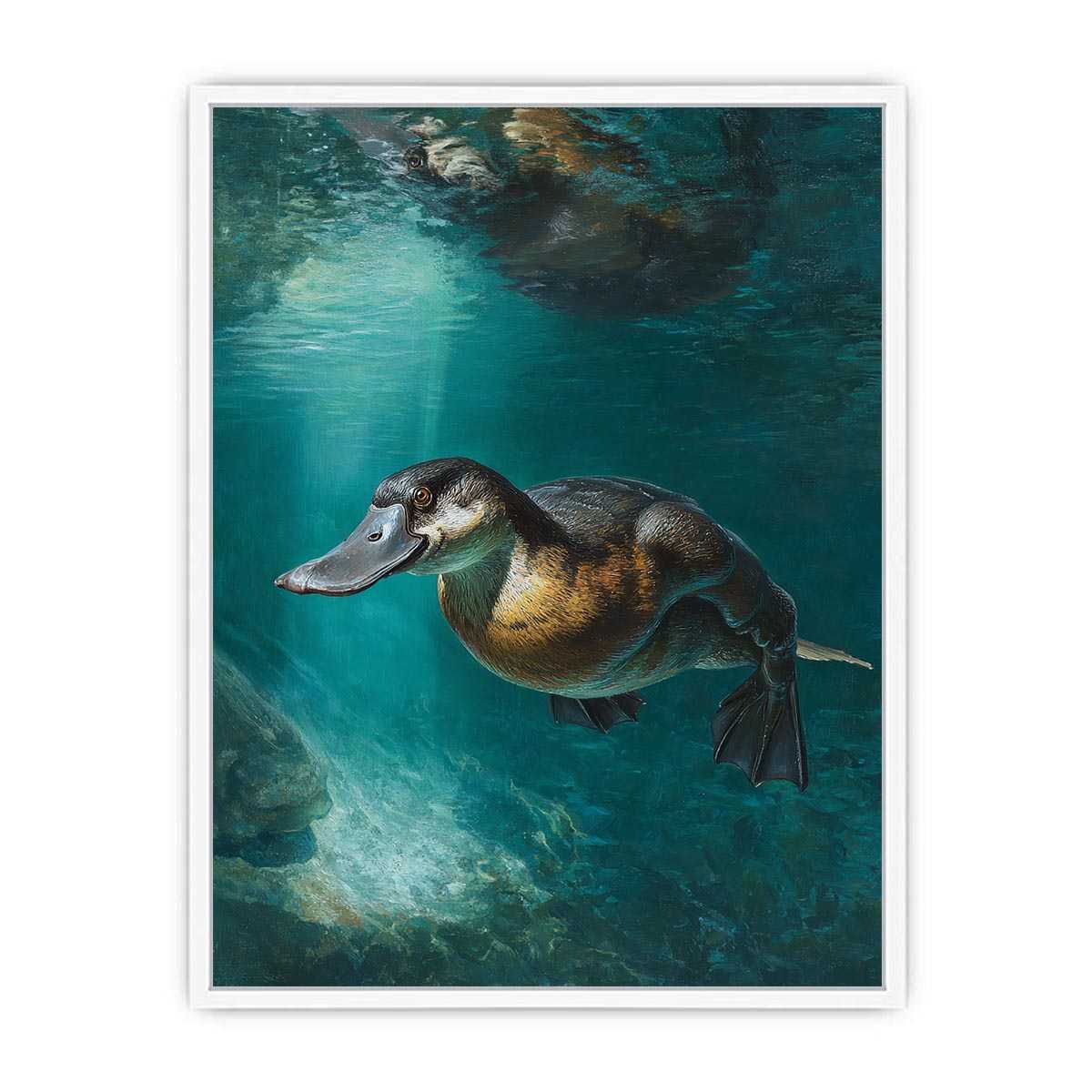 Platypus underwater canvas art in soft green tones for calm bedroom or bathroom decor.