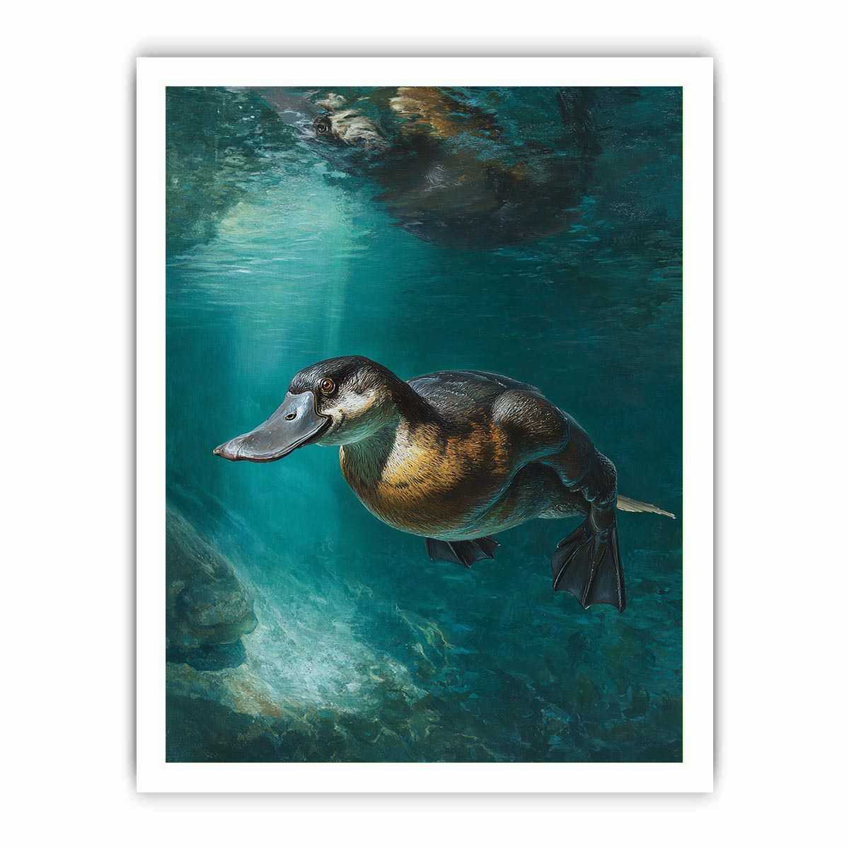 Platypus underwater canvas art in soft green tones for calm bedroom or bathroom decor.